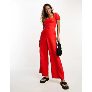 NWOT & Other Stories Linen Puff Short Sleeve Jumpsuit In Red Sz 8